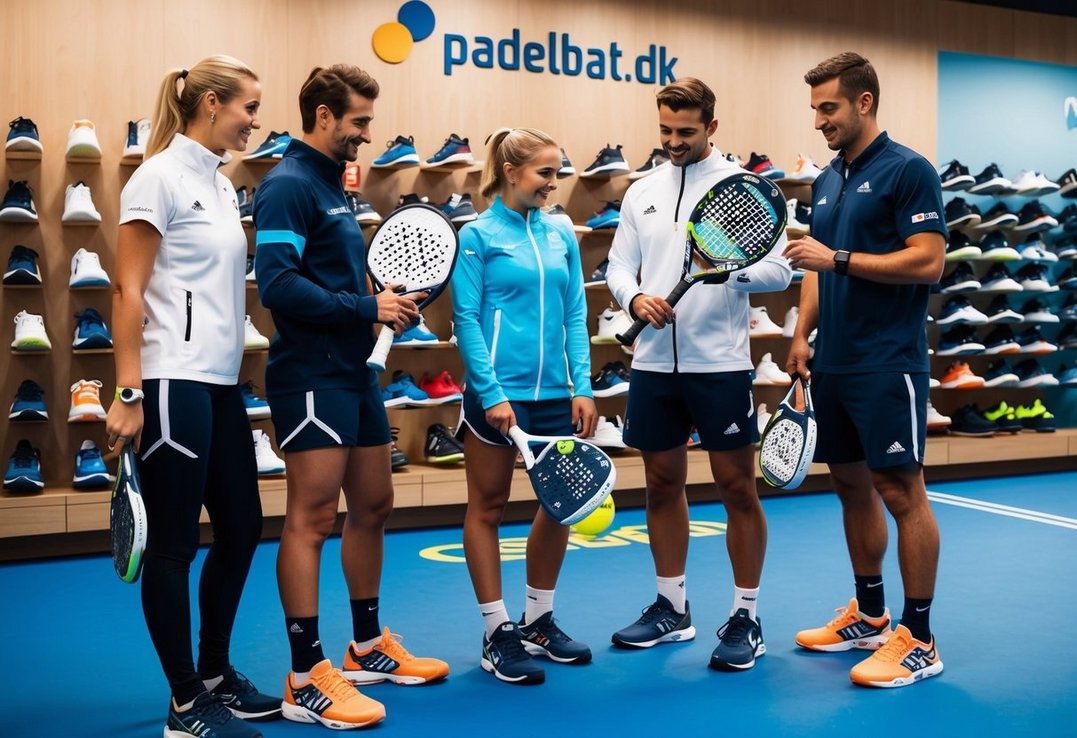 En gruppe mennesker iført sportstøj og med padelbat ketchere prøver forskellige par sko i en butik ved navn padelbat dk